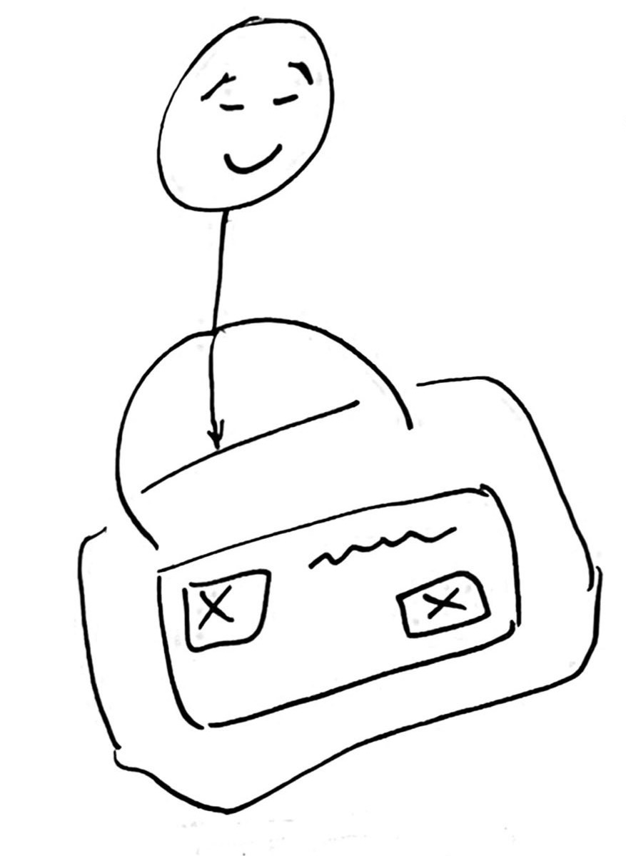 drawing of a stick figure smiling over a screen